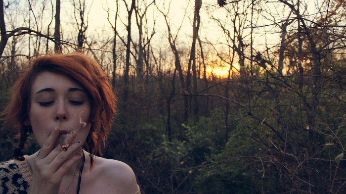 smoking, animal print, girl, redhead, drugs, girl outdoors, joints, forest, closed eyes