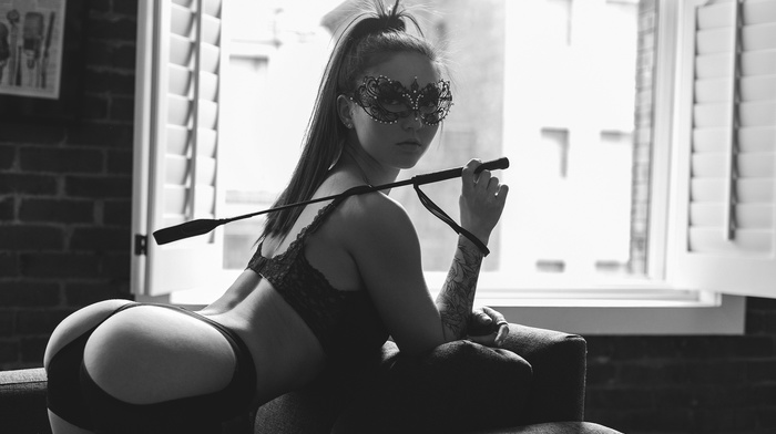 window, curvy, monochrome, whips, tattoo, ass, looking at viewer, Kristina Chai, girl, mask, bent over, Justin Swain
