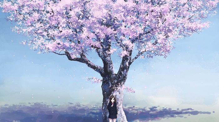 cherry blossom, original characters, brunette, anime girls, school uniform, anime, sky