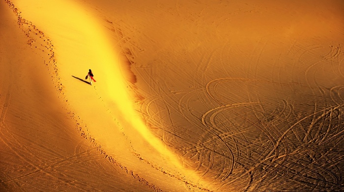 shadow, footprints, desert, landscape, tire tracks, aerial view, sunlight, sand, nature, girl