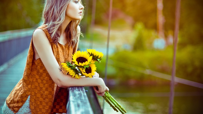 flowers, girl, sunflowers, model, girl outdoors