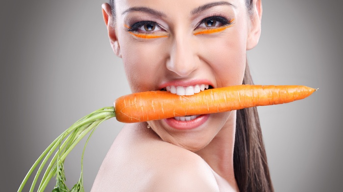 model, carrots, girl, face