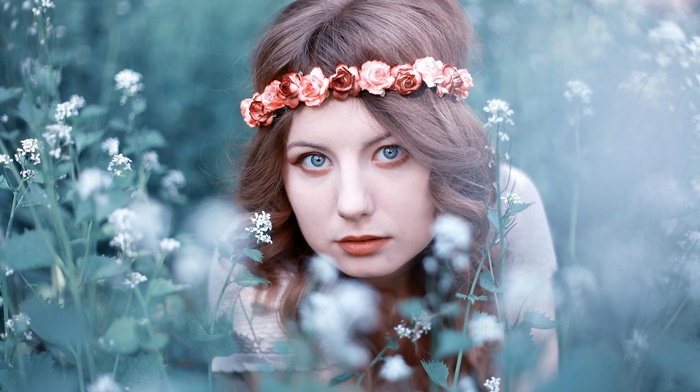 flowers, model, portrait, face, girl