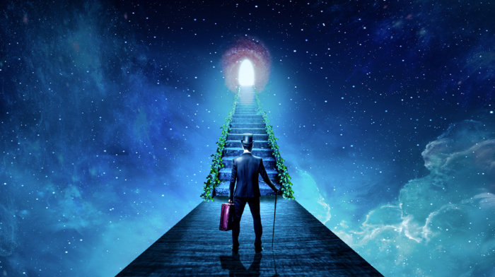 red, blue, space, Heaven  Hell, alone, Man with No Name, power suit, Portal game, stairs, path, galaxy, cyan, Alone in the Dark, God