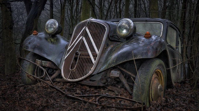 French Cars, wreck, traction avant, Citron, vehicle, car