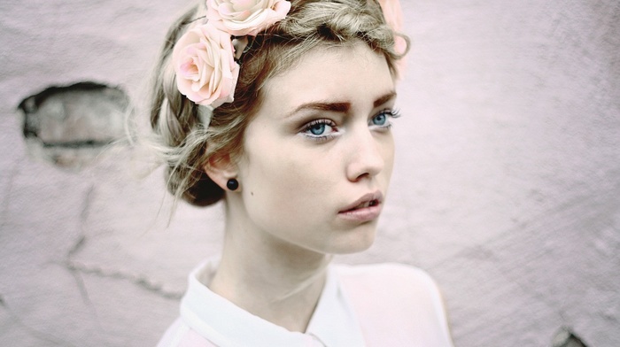 face, blue eyes, girl outdoors, Elsa Fredriksson Holmgren, girl, flower in hair, looking away, braids