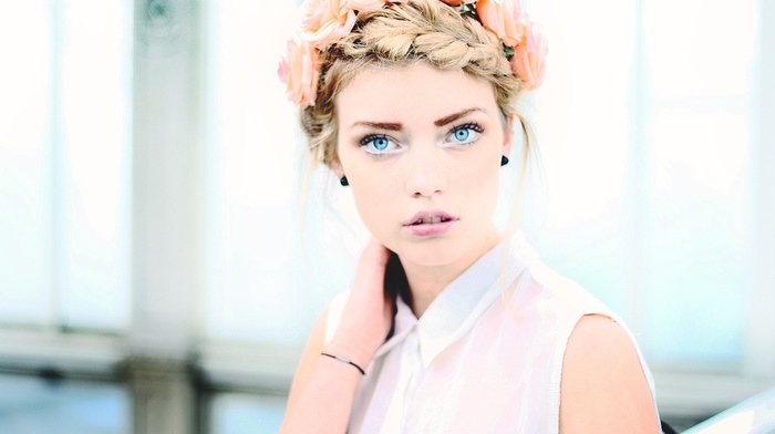 girl, face, looking at viewer, flower in hair, braids, Elsa Fredriksson Holmgren, blue eyes
