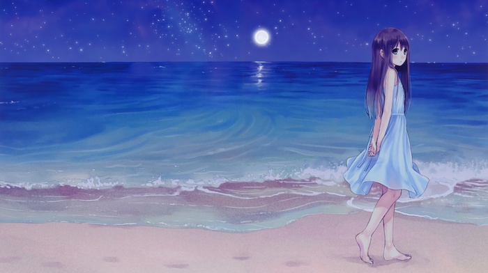 sea, night, anime girls