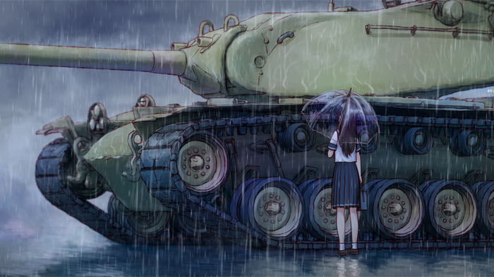 rain, umbrella, tank, M103, anime girls