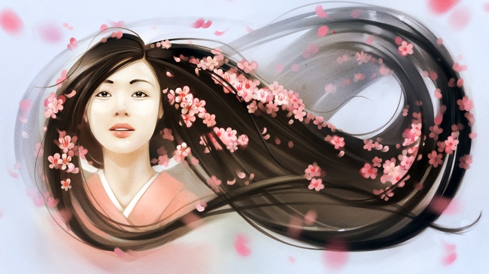 cherry blossom, Asian, flowers, girl, kimono, artwork
