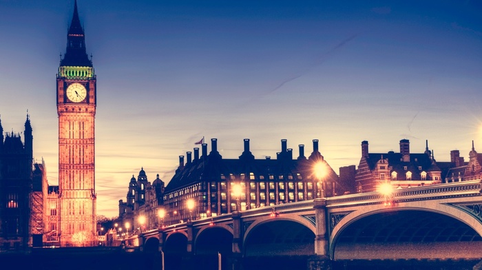 night, river, Westminster, Big Ben, city lights, London, bridge