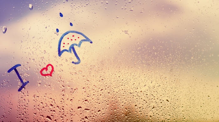 rain, umbrella, love, water drops, window