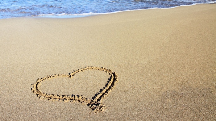 shore, romantic, heart, coast, beach, waves, shapes, sea, sand, water, love, romance