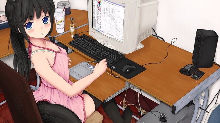 Windows XP, anime girls, anime, computer, thigh, highs, original characters