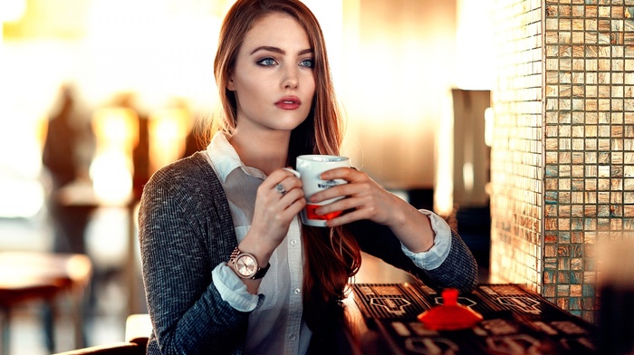 blue eyes, redhead, long hair, girl, sitting, cup, Alessandro Di Cicco, depth of field, model, watches, open mouth, looking away, restaurant, blouses, sweater