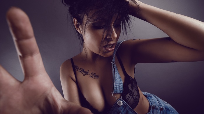 arms up, sideboob, black hair, tanned, cleavage, black bras, girl, tattoo, open mouth, brunette, smoky eyes, pierced nose