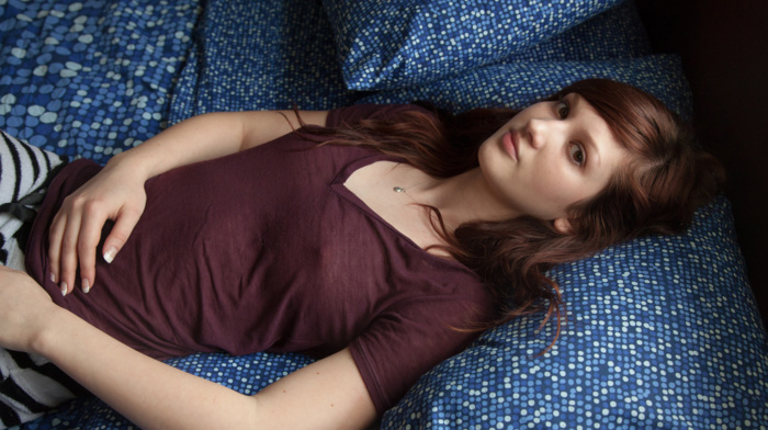 lying on back, brunette, ellena woods, looking at viewer, in bed, girl