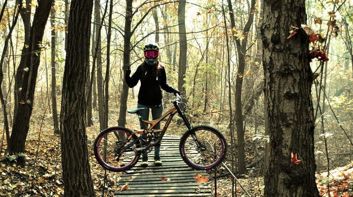 girl with bikes, bicycle, mountain bikes, helmet