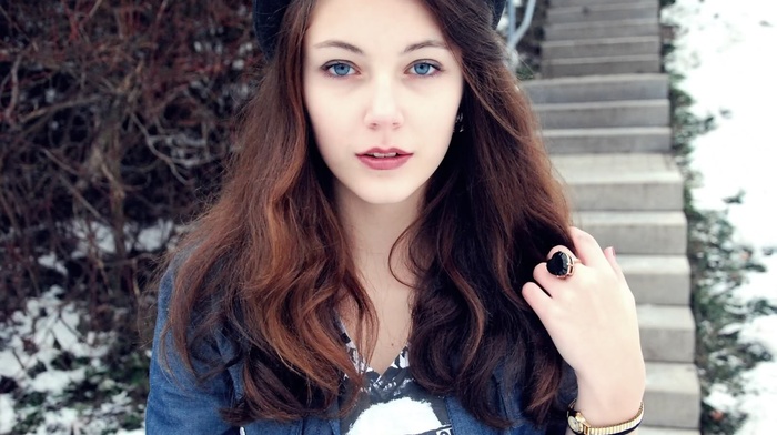girl outdoors, blue eyes, girl, brunette, looking at viewer, winter, hat
