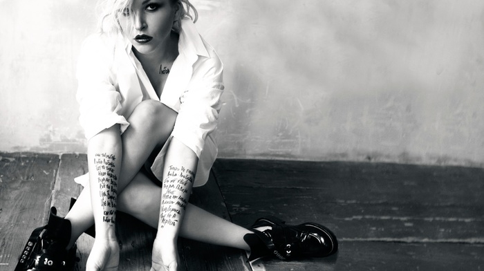 girl, tattoo, monochrome, model