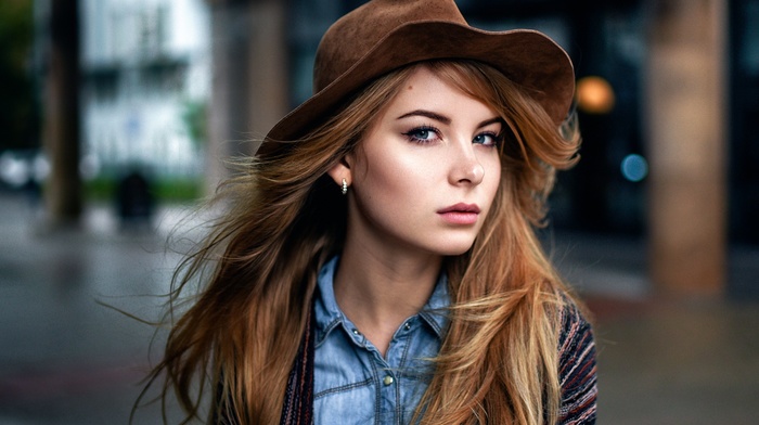 model, portrait, Maxim Guselnikov, Irina Popova, girl, hat, urban