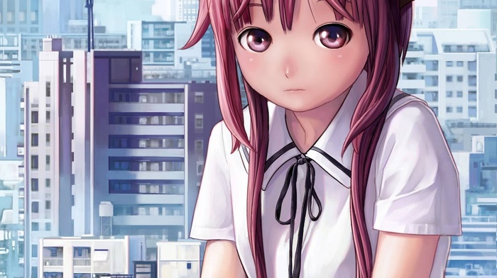 anime girls, city, building, school uniform