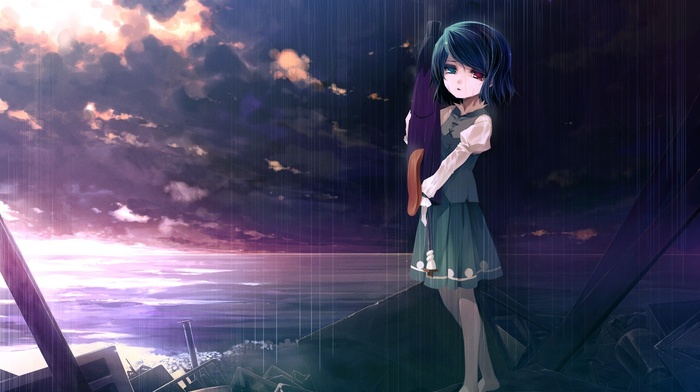 water, sky, anime girls, rain, umbrella