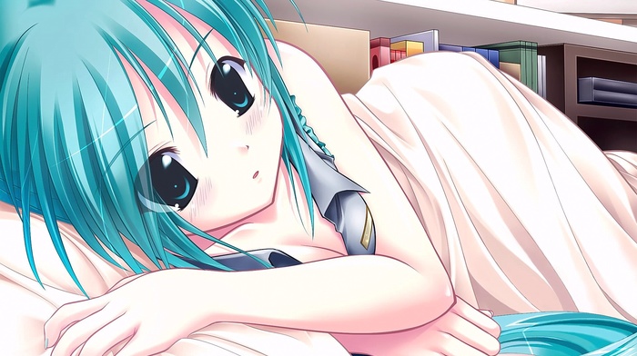 blue hair, anime, Hatsune Miku, aqua hair, Vocaloid, anime girls, open mouth, in bed, blue eyes