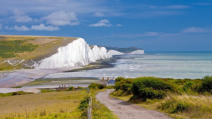 England, cliff, Cliffs of Dover, sea, cottage