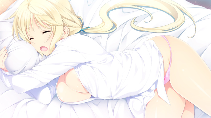 boobs, in bed, visual novel, sleeping, Seikishi Melty Lovers, open clothes, no bra, anime girls, blonde, ponytail, long hair, closed eyes, open mouth, Canon Rukusana, pink panties