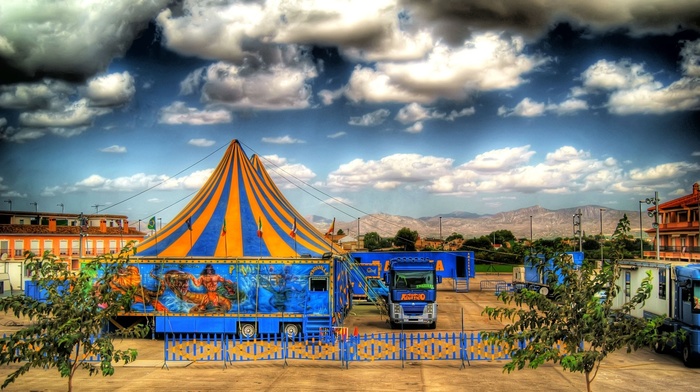 HDR, mountains, circus, clouds