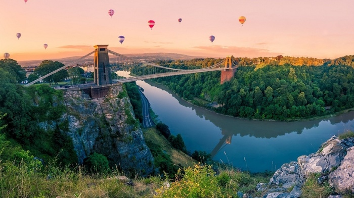 forest, hot air balloons, water, mountains
