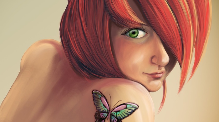 redhead, face, girl, green eyes, butterfly, artwork, tattoo