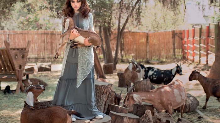 model, girl, goats, dress, animals, brunette