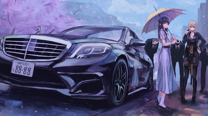 original characters, dress, cherry blossom, Mercedes, benz, umbrella