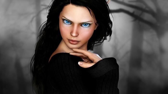 elves, girl, black hair, blue eyes, long hair, branch, face, fantasy art, digital art, sweater