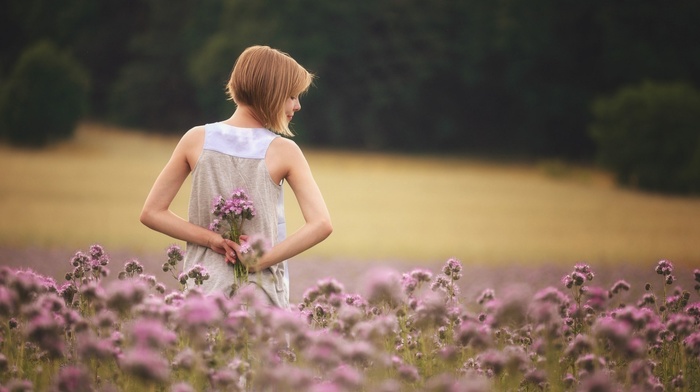 closed eyes, trees, girl outdoors, plants, bare shoulders, white dress, rear view, forest, flowers, field, model, blonde, short hair, girl, depth of field, nature