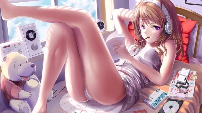 barefoot, anime, purple eyes, ass, blonde, in bed, headphones, anime girls, window