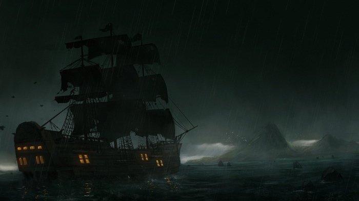 water, island, ship, clouds, rocks, sailing, old ship, rain, storm, sea, birds