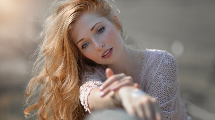 redhead, model, portrait, girl, depth of field, blue eyes