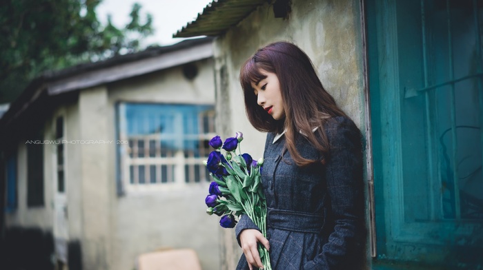 urban, girl, Asian, flowers
