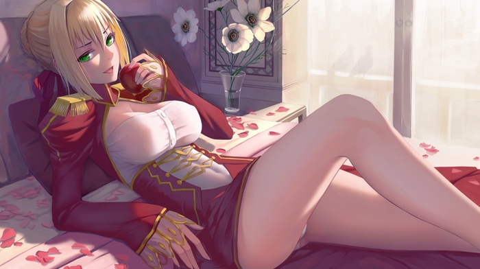 in bed, anime, FateExtra, Saber Extra, looking at viewer, green eyes, cleavage, Saber, blonde, bent legs, fate series, short hair, anime girls