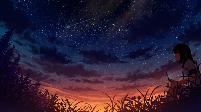 stars, sunset, grass, school uniform, anime, trees, sky, landscape, clouds, anime girls