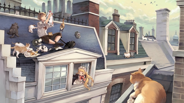 landscape, rooftops, cat, anime