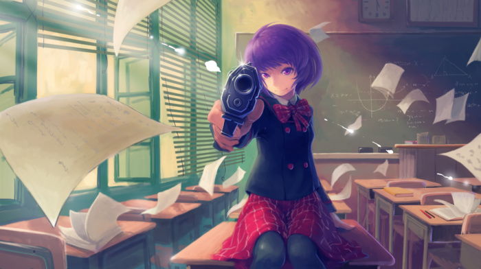 anime girls, classes, Japan, pistol, school uniform, anime