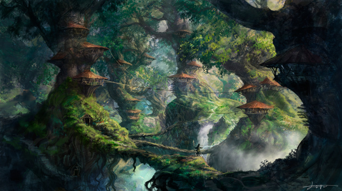 anime, artwork, landscape, fantasy art, trees