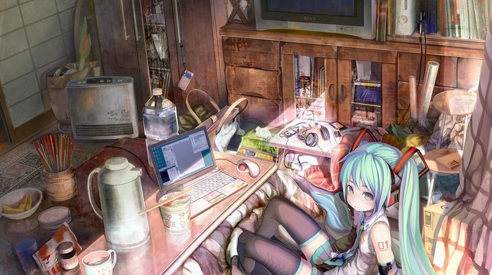 sitting, Hatsune Miku, long hair, looking at viewer, room, anime girls, interior, bedroom, Vocaloid, notebooks, Windows XP, calm, aqua hair, anime, computer mice
