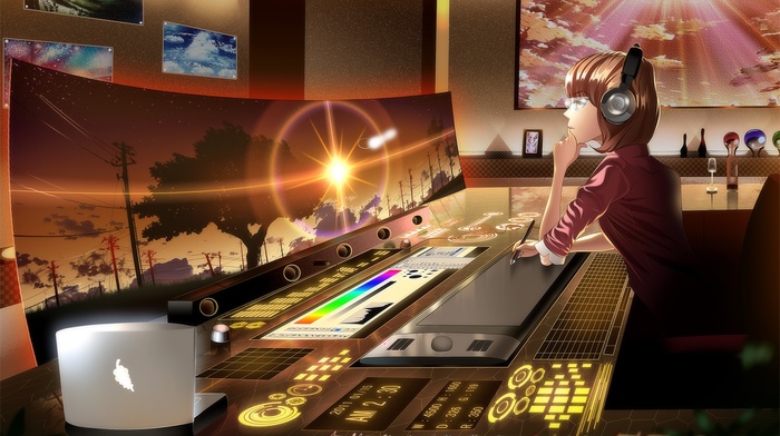 anime, anime girls, desk, music, computer