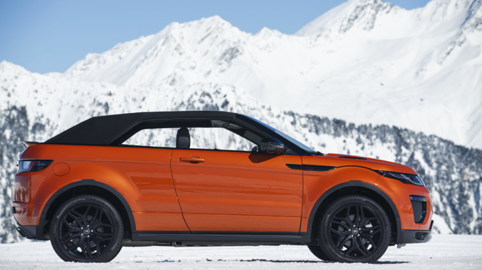 Convertible, vehicle, snow, car, Range Rover Evoque, mountains