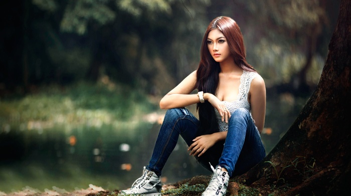 sitting, model, jeans, shoes, girl outdoors, long hair, girl, redhead, Asian